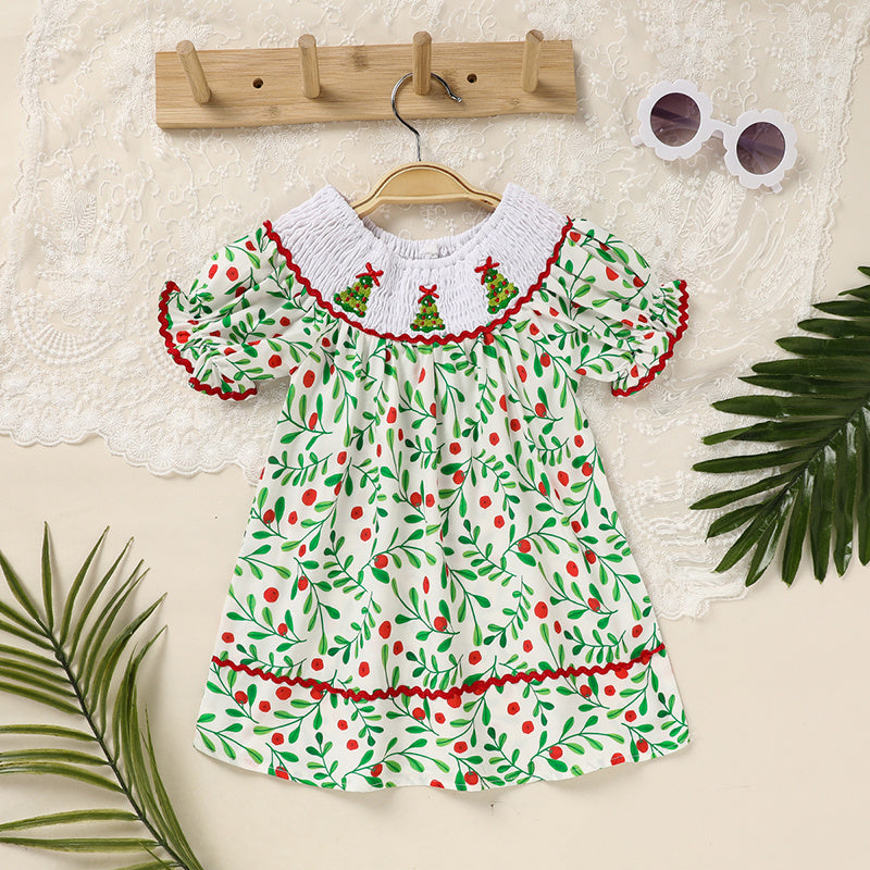 Plaid Christmas Dress – Santa Tree Embroidery for Baby Girls