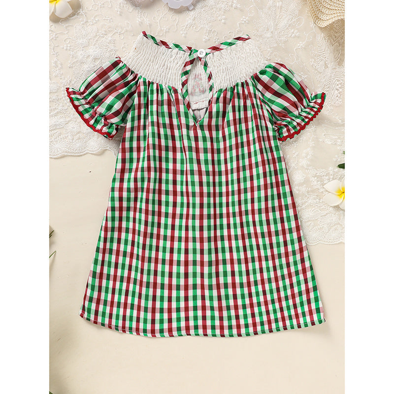 Plaid Christmas Dress – Santa Tree Embroidery for Baby Girls