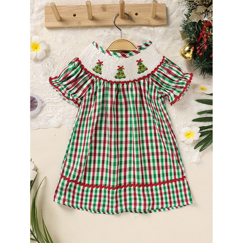 Plaid Christmas Dress – Santa Tree Embroidery for Baby Girls