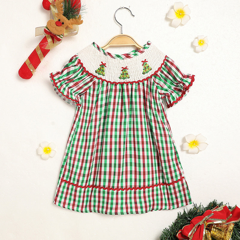 Plaid Christmas Dress – Santa Tree Embroidery for Baby Girls