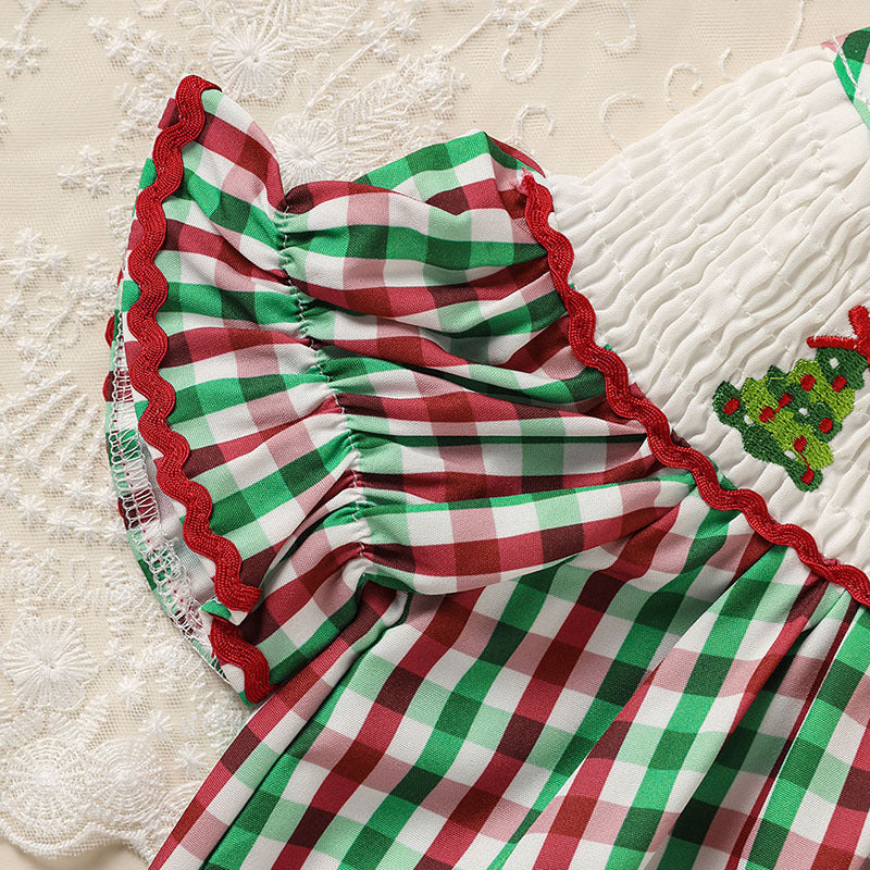 Plaid Christmas Dress – Santa Tree Embroidery for Baby Girls