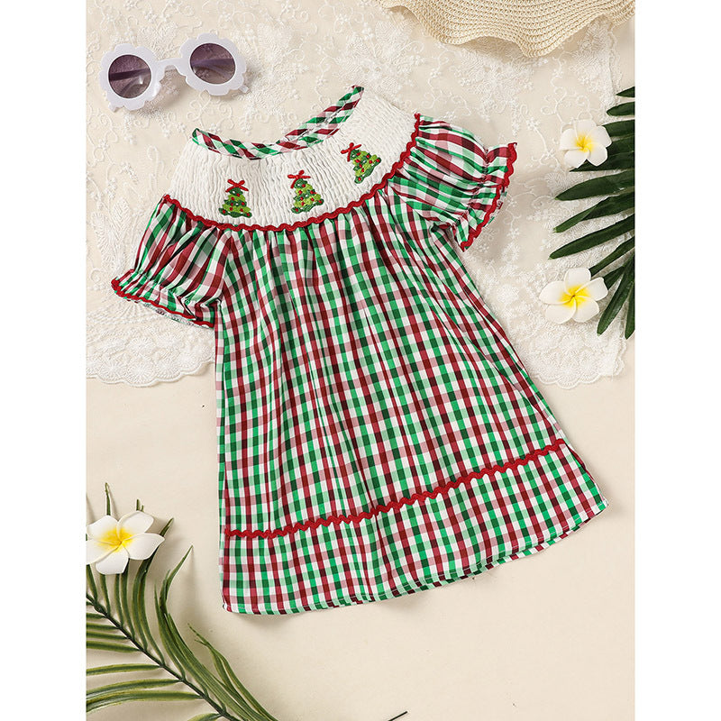 Plaid Christmas Dress – Santa Tree Embroidery for Baby Girls