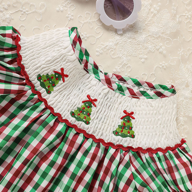 Plaid Christmas Dress – Santa Tree Embroidery for Baby Girls
