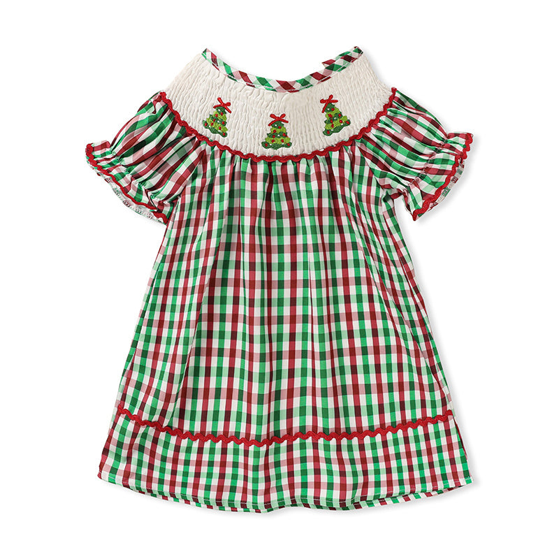 Plaid Christmas Dress – Santa Tree Embroidery for Baby Girls