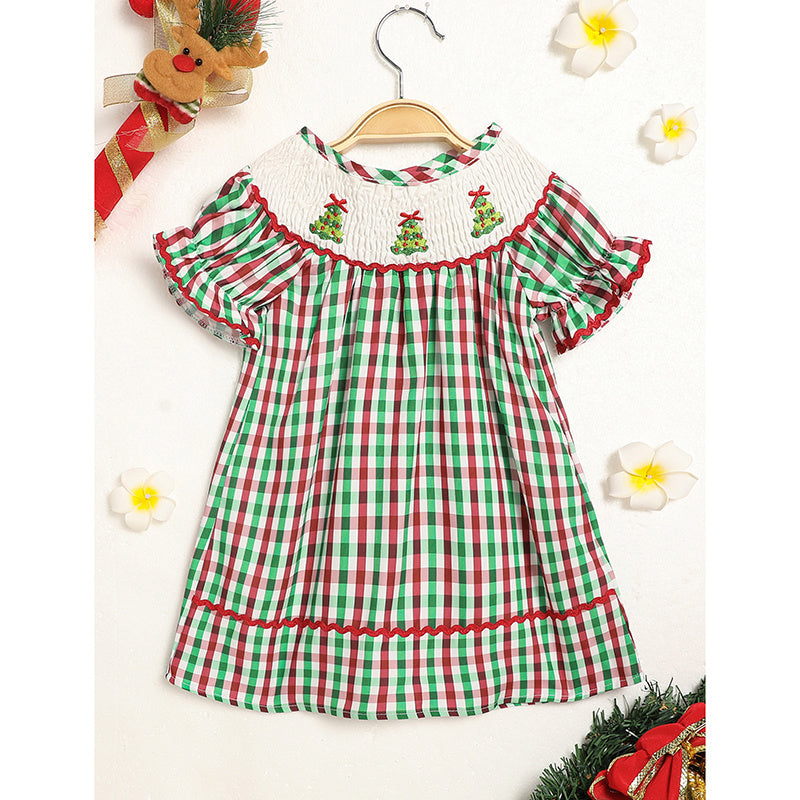 Plaid Christmas Dress – Santa Tree Embroidery for Baby Girls